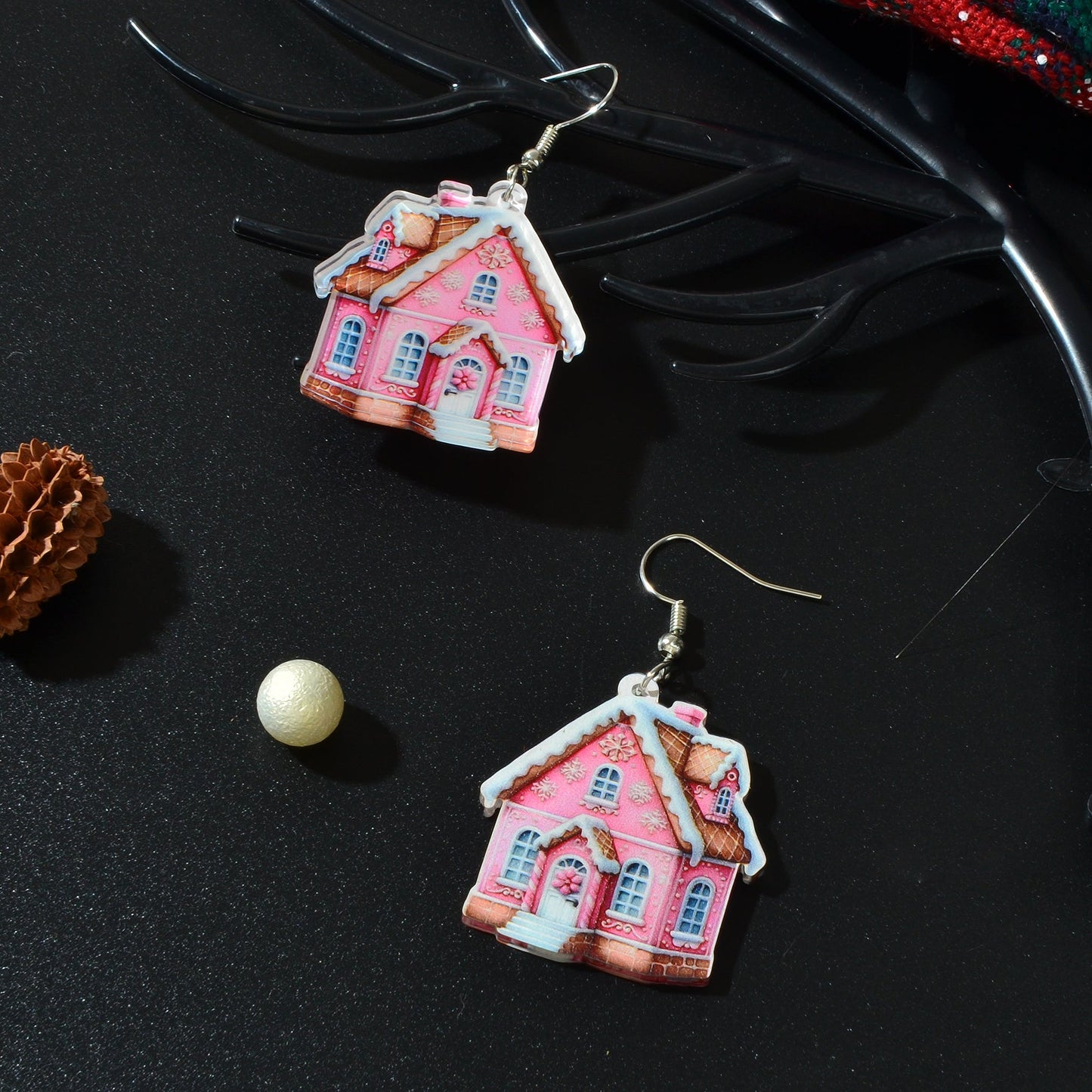 New Arrival Christmas Sweet Acrylic Pink House Dangle Earrings New Year Party Festival Gift Jewelry-4