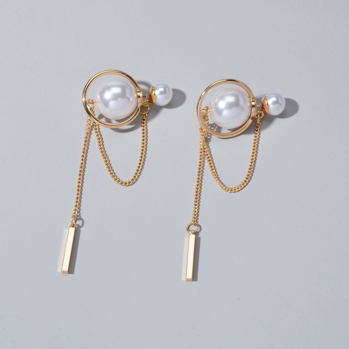 Retro Textured Jewellery Circle Chain Bar Charm Pearl Stud Earrings Ear Jacket-2