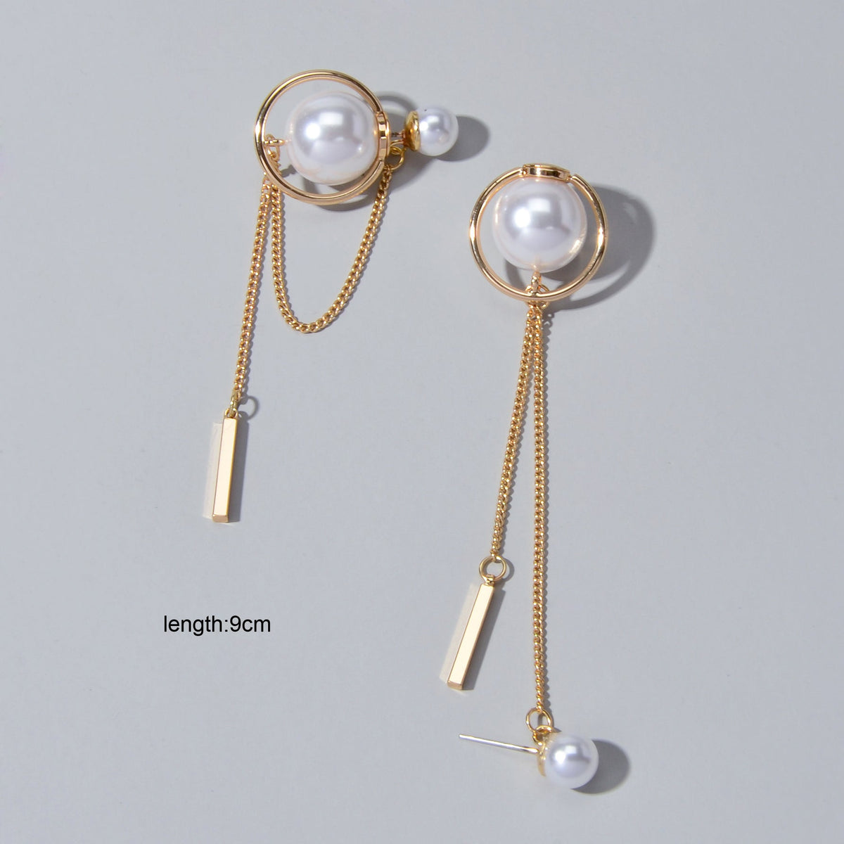 Retro Textured Jewellery Circle Chain Bar Charm Pearl Stud Earrings Ear Jacket-3