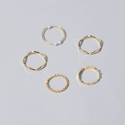 Stackable 5 pcs Metal Pearl Minimalist Finger Ring set Multiple Rings Bulk Pack-2