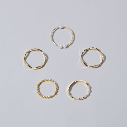 Stackable 5 pcs Metal Pearl Minimalist Finger Ring set Multiple Rings Bulk Pack-4
