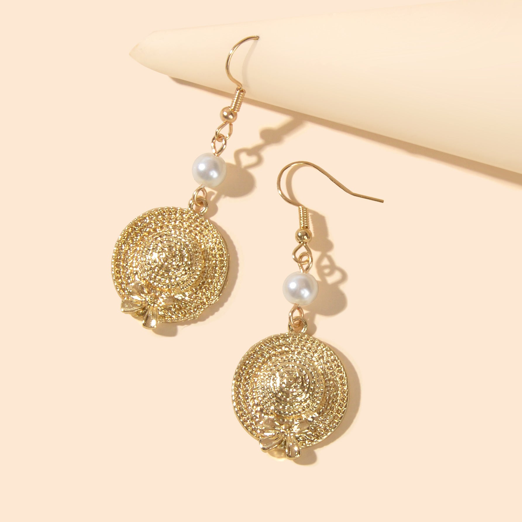 Female Jewellery Pearl Gold Straw Hat Bowknot Dangle Earrings for Party Holiday-2