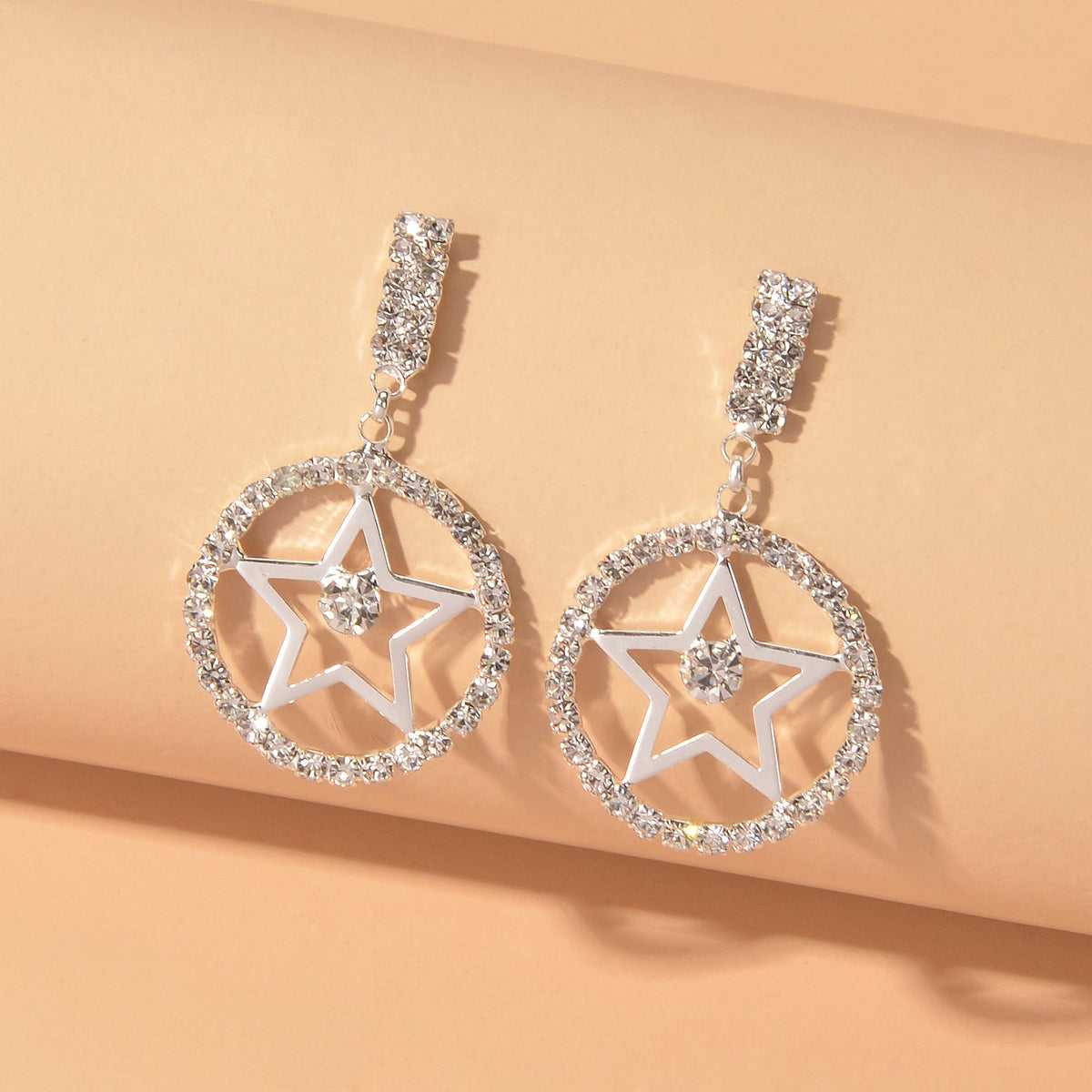Luxurious Full Rhinestone Star Circle Dangle Hypoallergenic Pierced Earrings-2