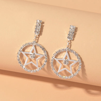 Luxurious Full Rhinestone Star Circle Dangle Hypoallergenic Pierced Earrings-2