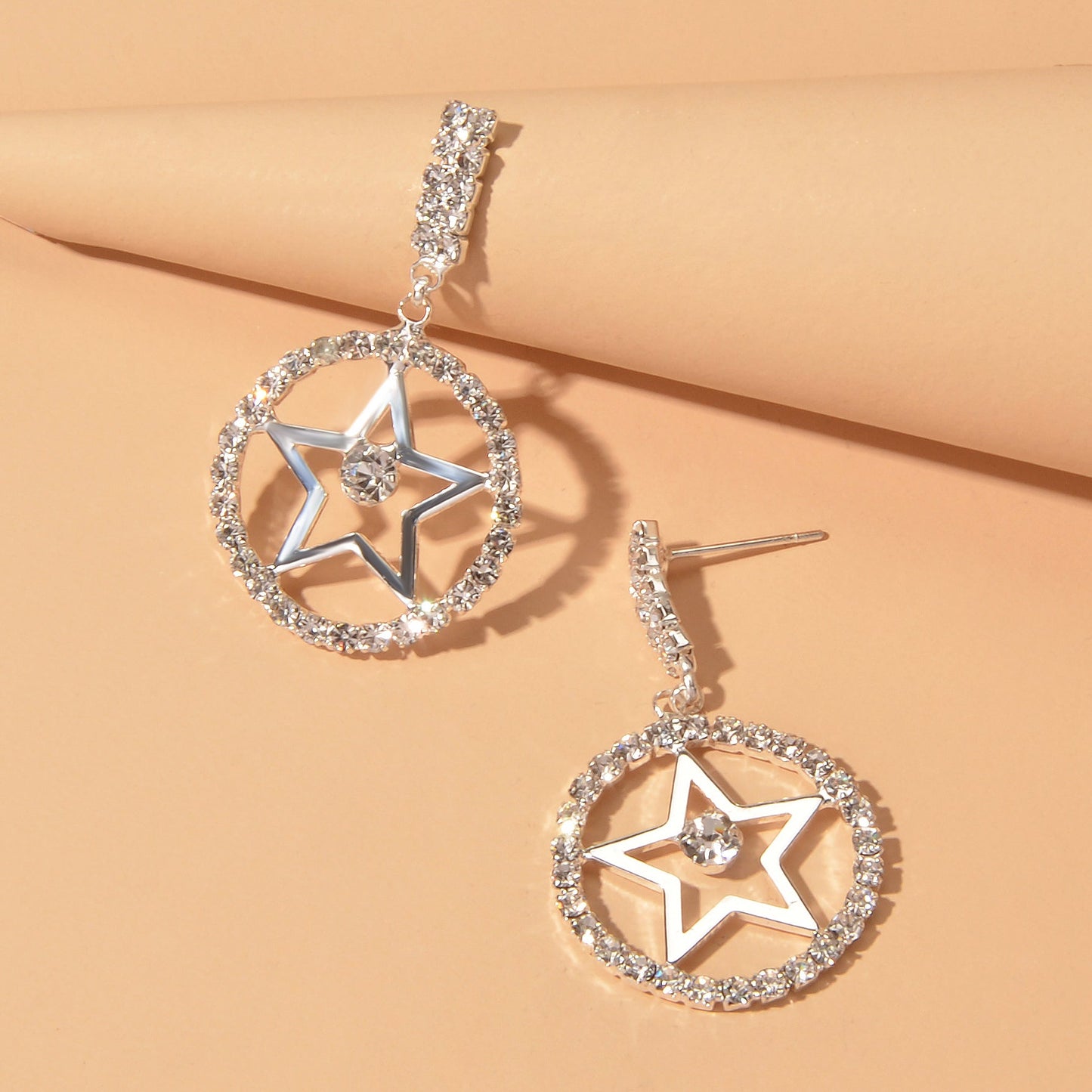 Luxurious Full Rhinestone Star Circle Dangle Hypoallergenic Pierced Earrings-4