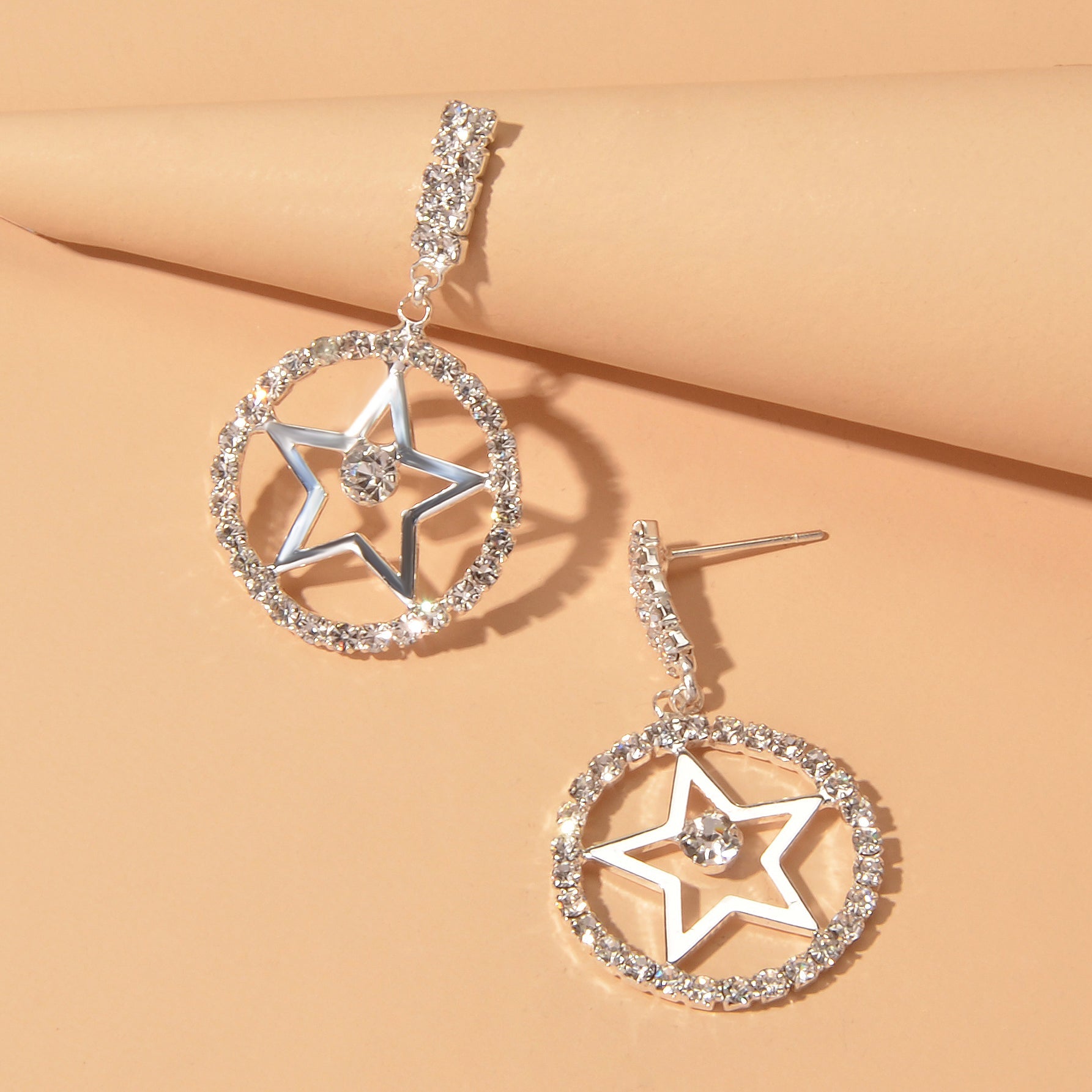 Luxurious Full Rhinestone Star Circle Dangle Hypoallergenic Pierced Earrings-4