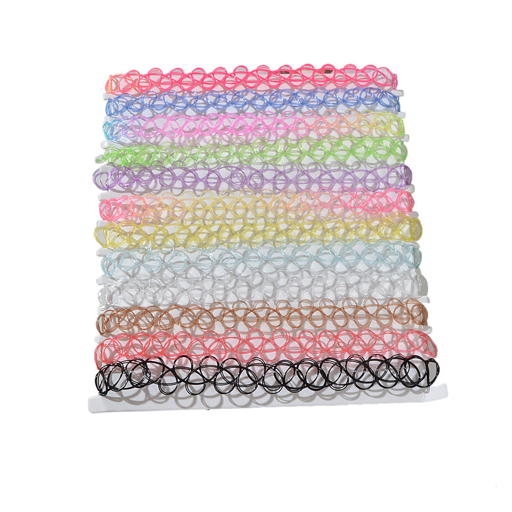 Multicolor 12pcs Set Elastic Boho 90s Tattoo Choker Retro Hippy Stretch Necklace-0