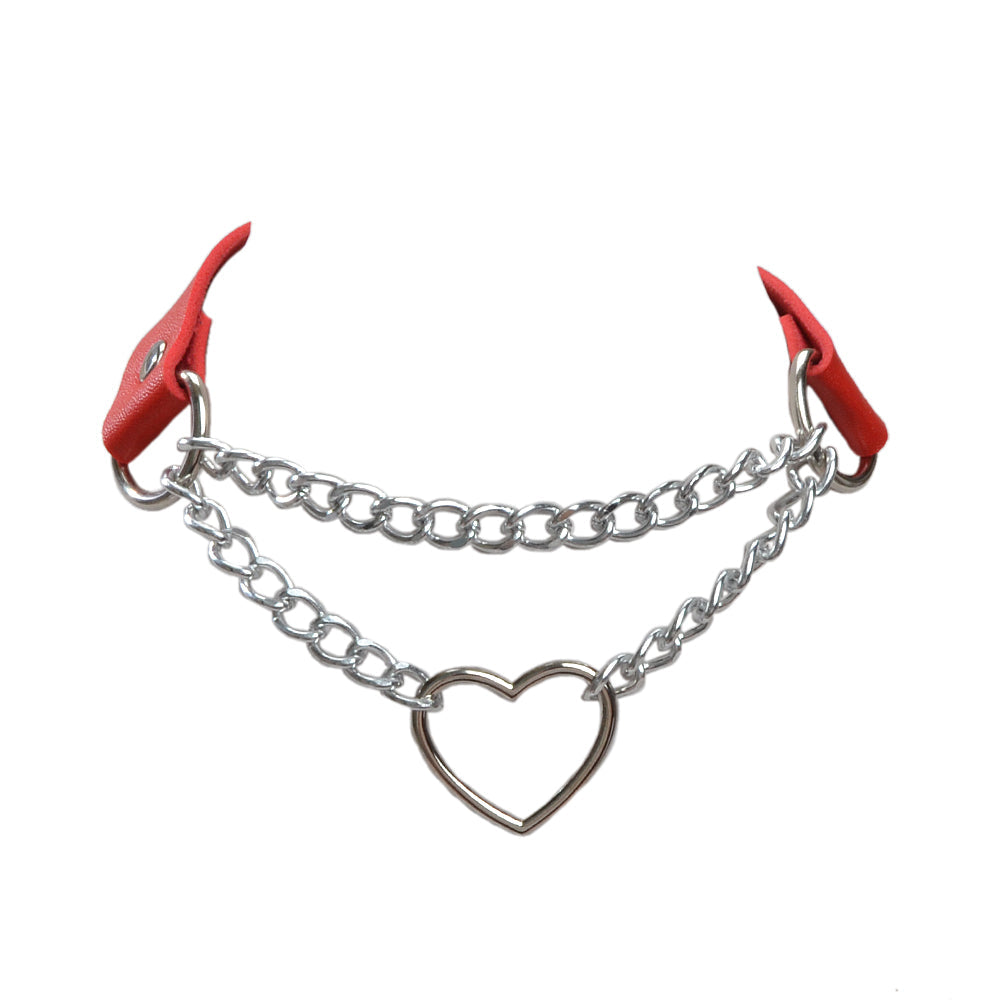 Double Layer Chunky Silver Chain Heart Charm Sexy Leather Choker Grunge Collar-1