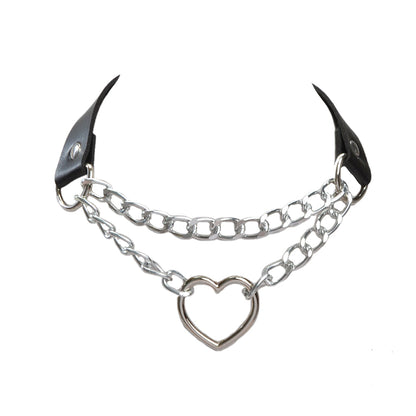Double Layer Chunky Silver Chain Heart Charm Sexy Leather Choker Grunge Collar-6