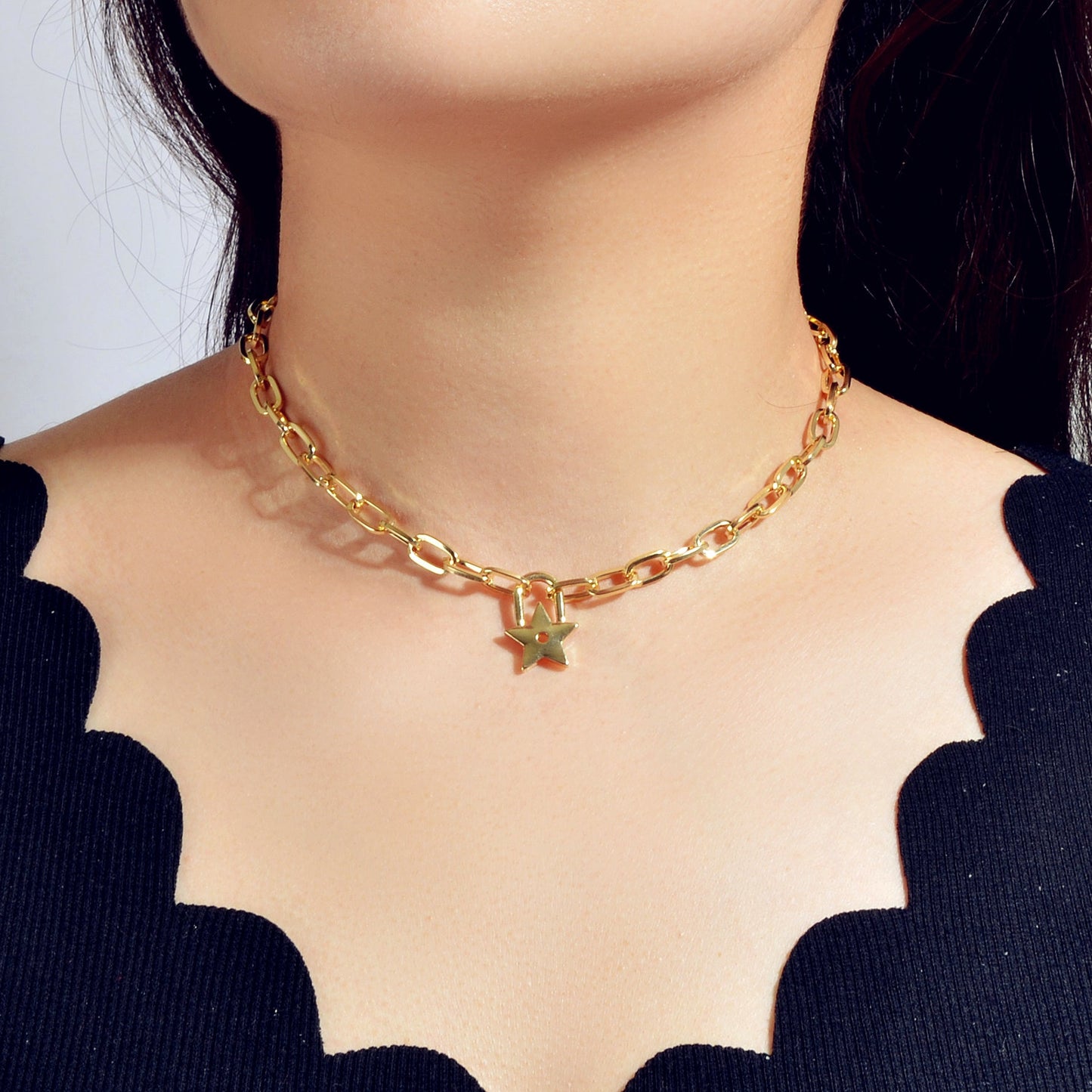 Trendy Jewellery Gold Paperclip Chain Star Lock Pendant Collar Choker Necklace-0