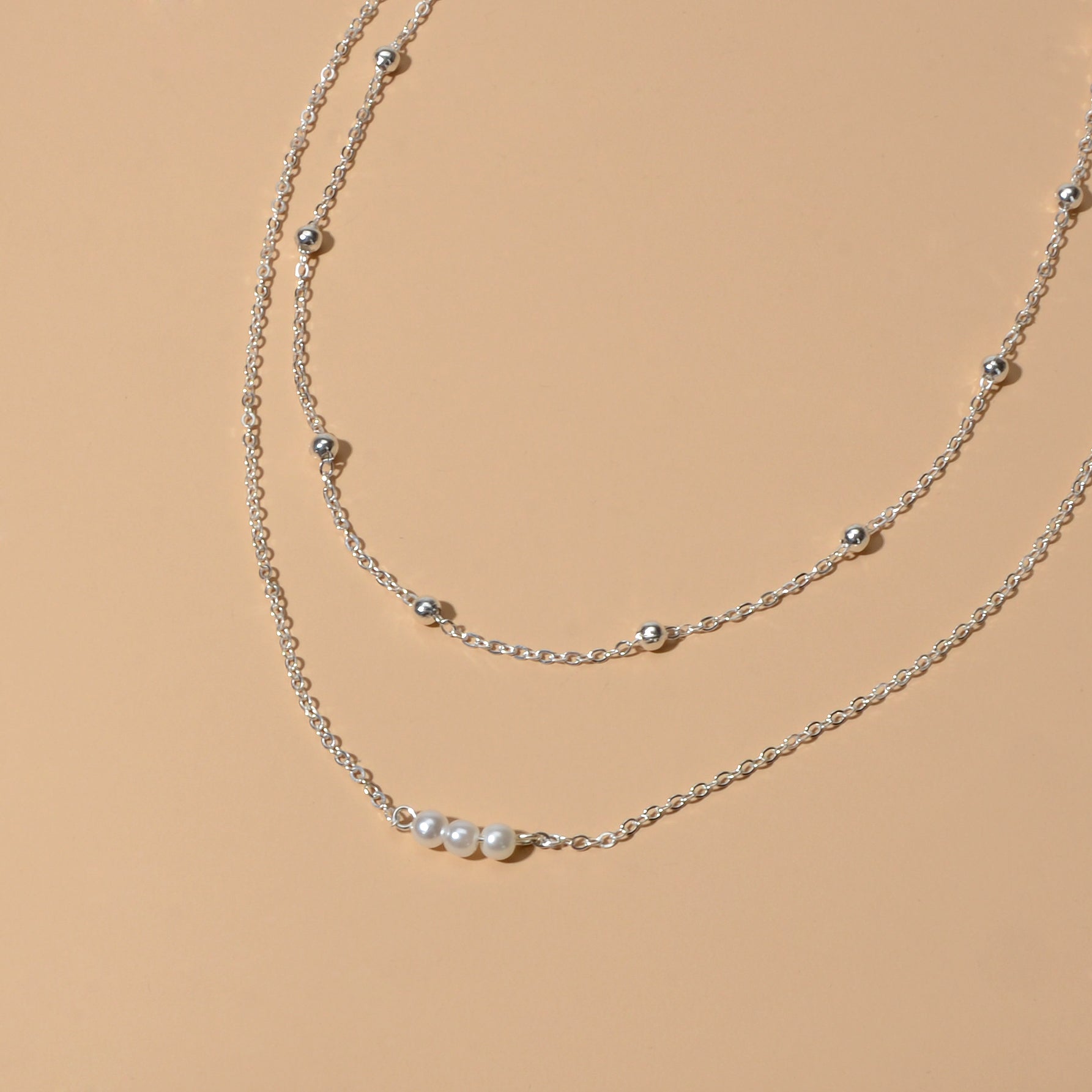 2pcs Female Jewellery Gold Silver Chain Beads Pearl Necklace Fashion Accessories-4