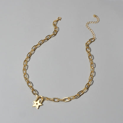 Trendy Jewellery Gold Paperclip Chain Star Lock Pendant Collar Choker Necklace-4
