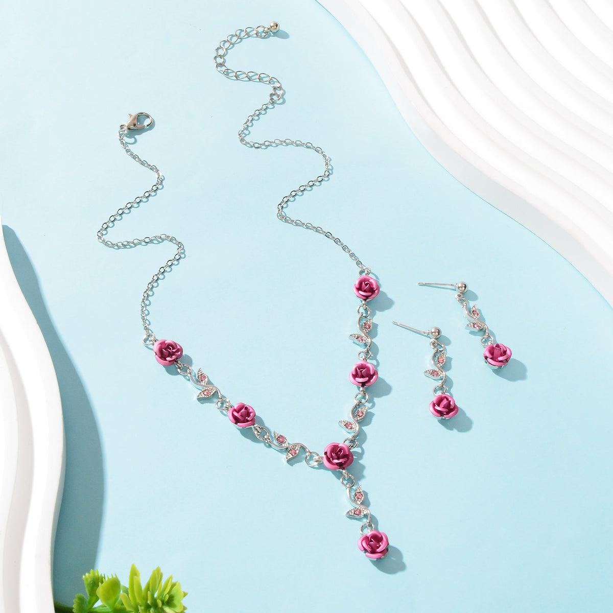 Jewellery set Silvery Chain Pink Flower Pendant Necklace Dangle Earrings-1