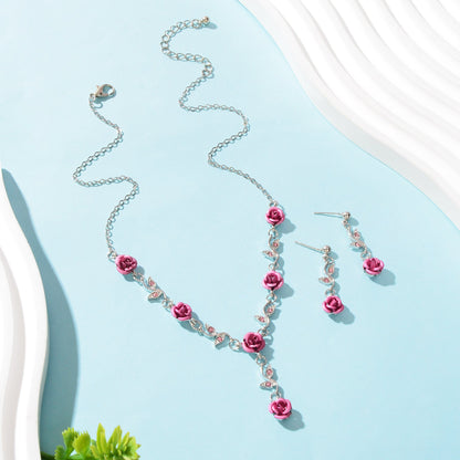 Jewellery set Silvery Chain Pink Flower Pendant Necklace Dangle Earrings-1