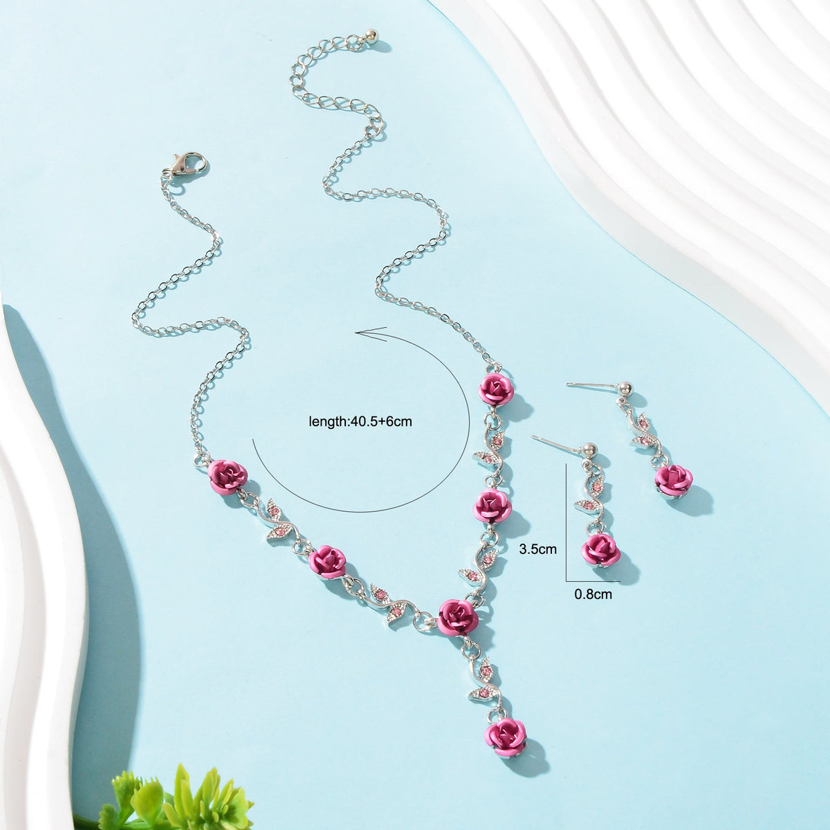 Jewellery set Silvery Chain Pink Flower Pendant Necklace Dangle Earrings-2