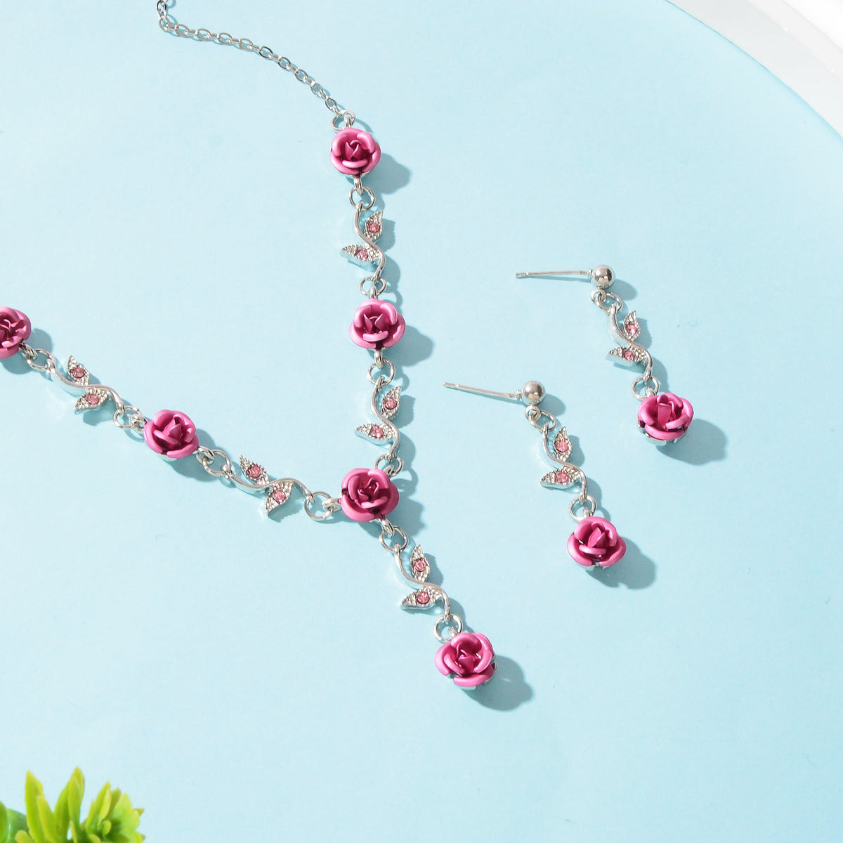 Jewellery set Silvery Chain Pink Flower Pendant Necklace Dangle Earrings-3