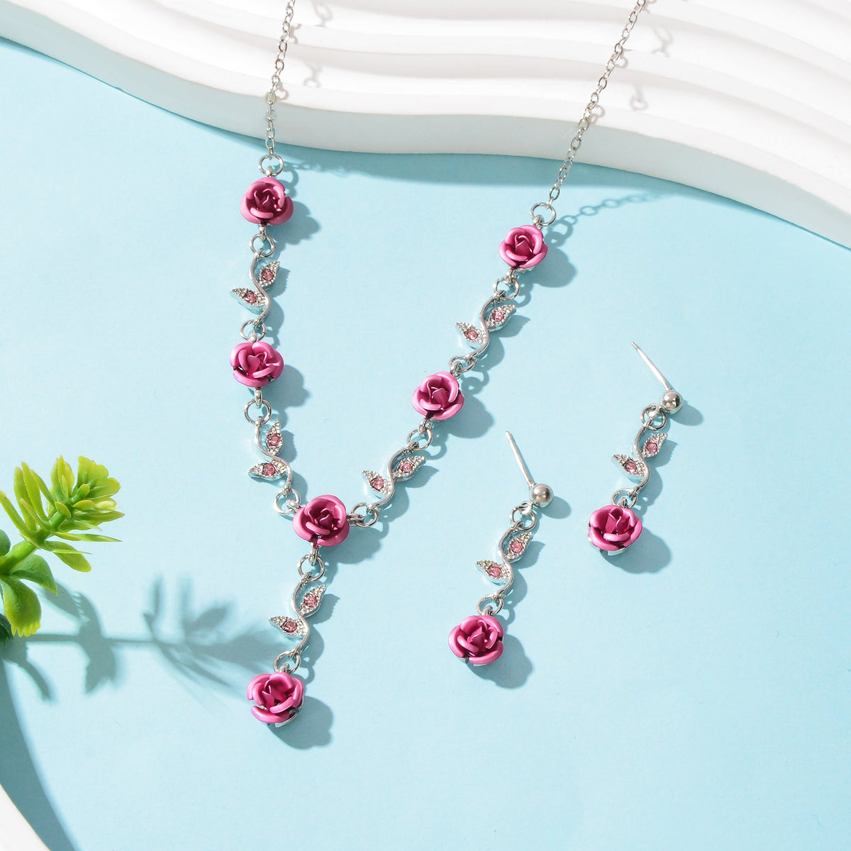 Jewellery set Silvery Chain Pink Flower Pendant Necklace Dangle Earrings-4