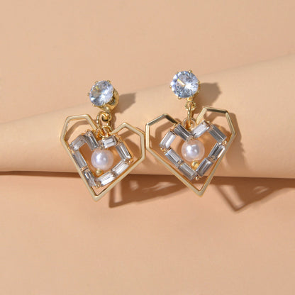 Textured Faux Pearl Cubic Zirconia Decor Heart Dangle Love Earrings for Wedding-1