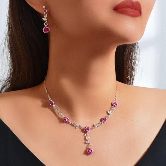 Jewellery set Silvery Chain Pink Flower Pendant Necklace Dangle Earrings-0