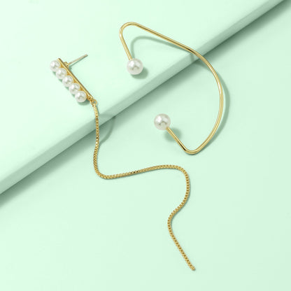 Designer Stylish Pearl Decor Long Gold Chain Charm Asymmetric Earrings Ear Cuff-2