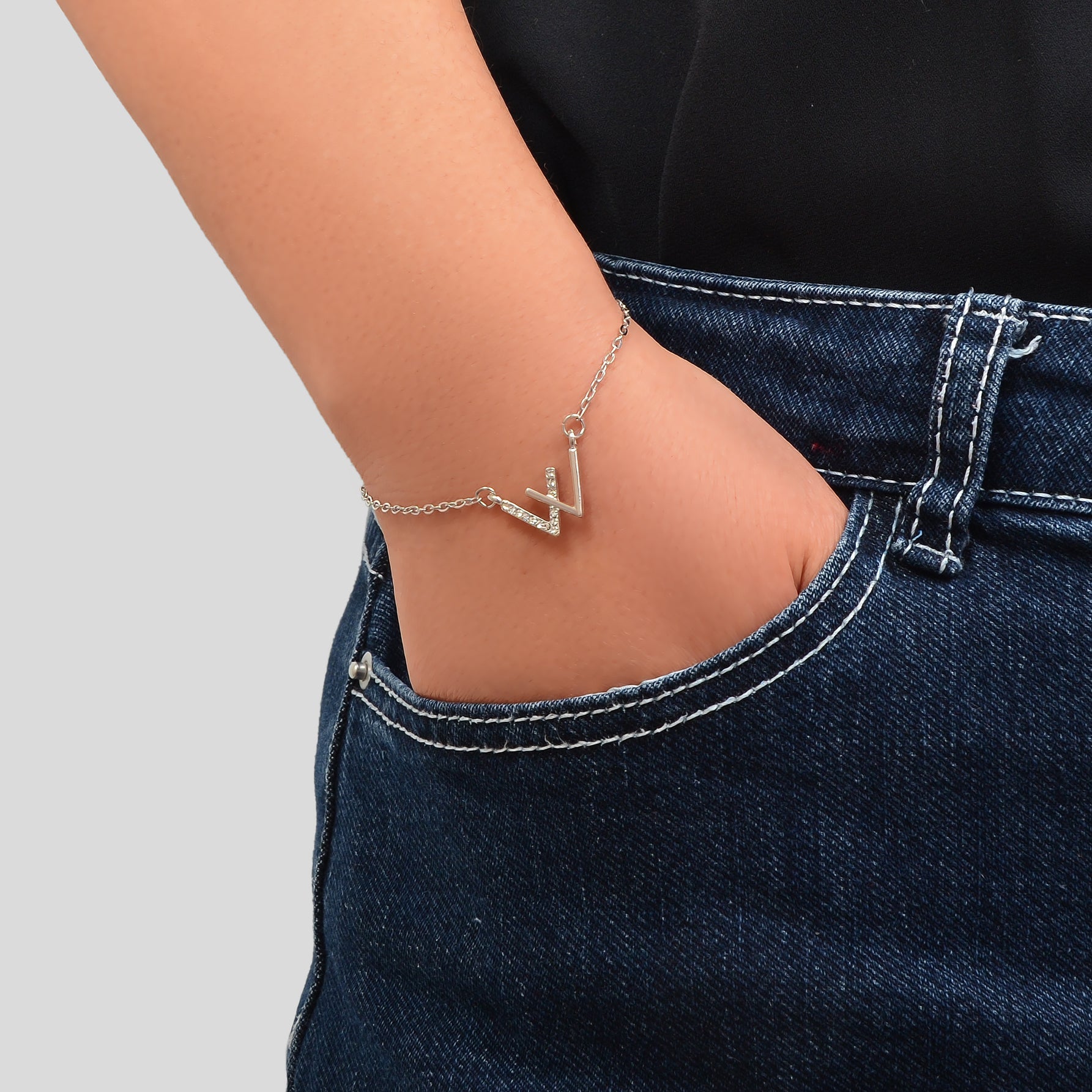 Silvery Chain Rhinestone Decor Geometric Charm Bracelet Women Party Daily Jewelry-0