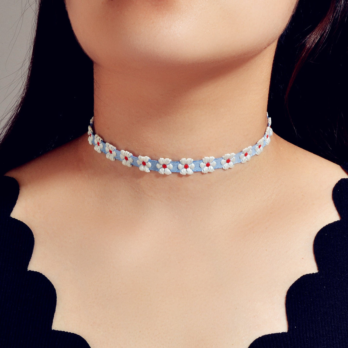 Retro Style 90s Blue Ribbon White Flower Tattoo Choker Necklace Short Collar-0