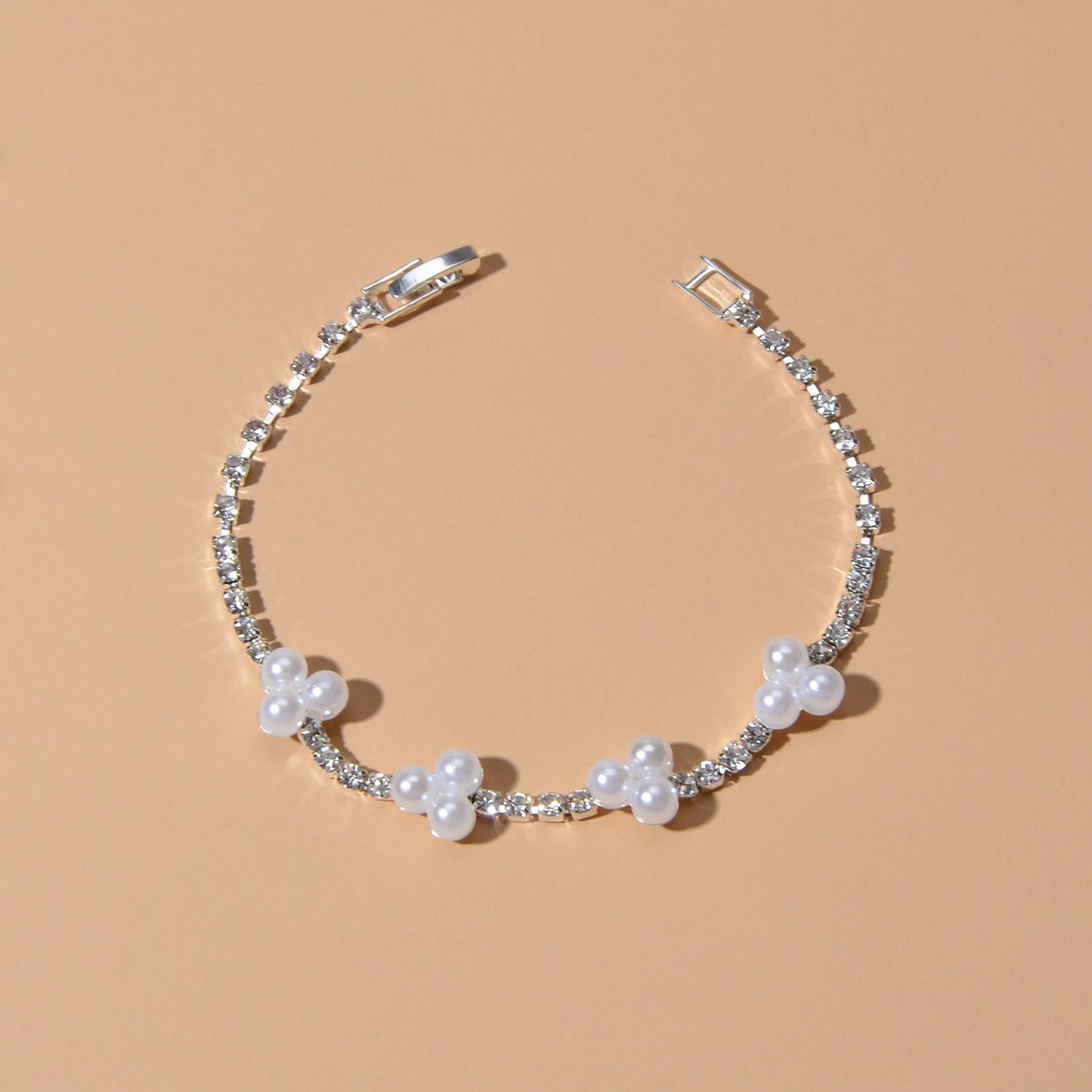 Luxurious Anniversary Wedding Jewellery Rhinestone Pearl Silver Chain Bracelets-3