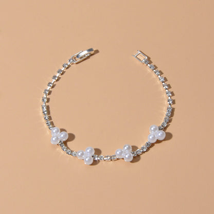 Luxurious Anniversary Wedding Jewellery Rhinestone Pearl Silver Chain Bracelets-3