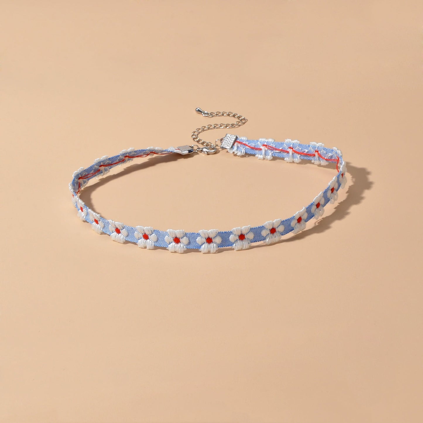 Retro Style 90s Blue Ribbon White Flower Tattoo Choker Necklace Short Collar-1