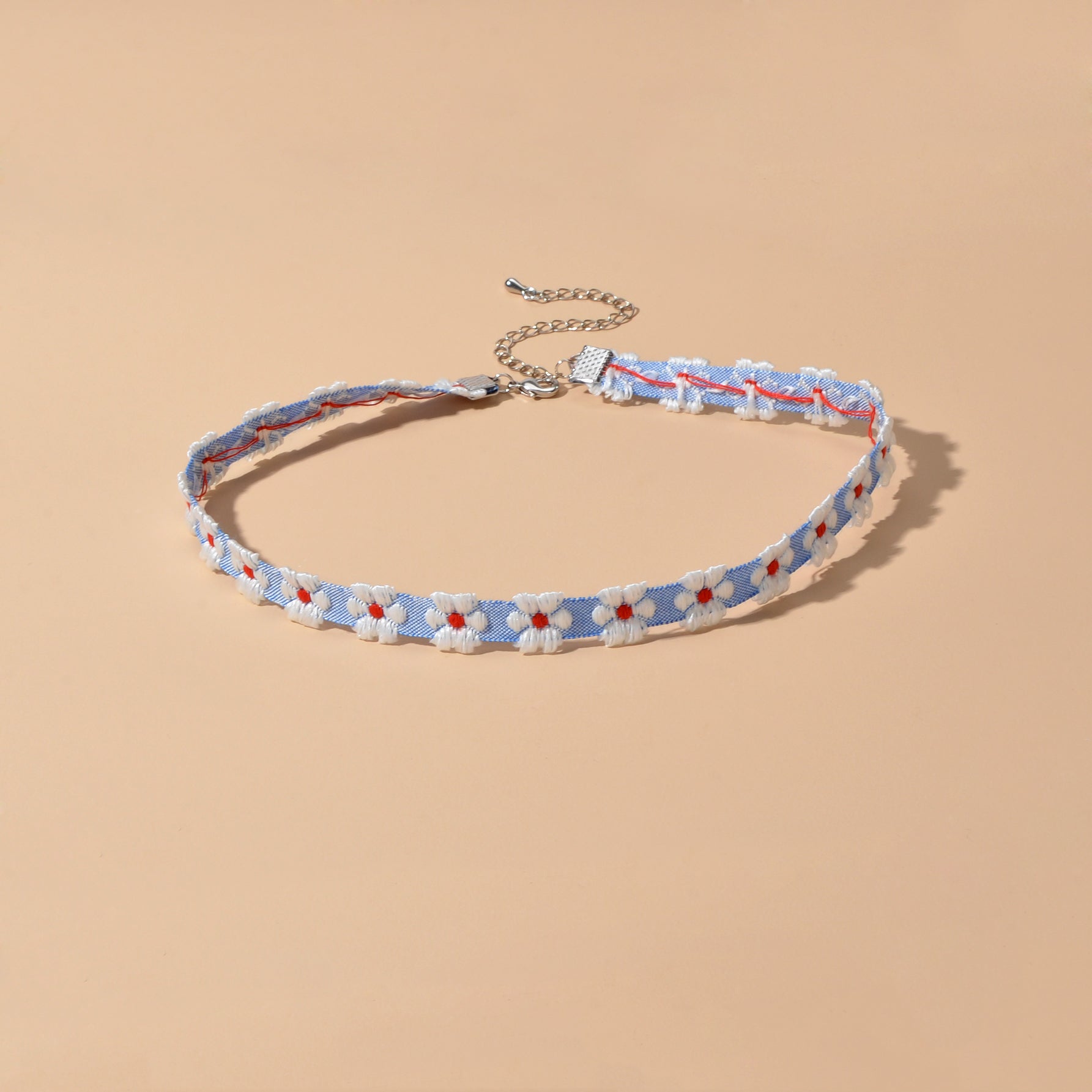 Retro Style 90s Blue Ribbon White Flower Tattoo Choker Necklace Short Collar-1