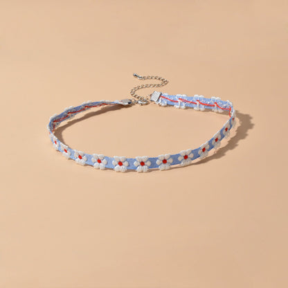 Retro Style 90s Blue Ribbon White Flower Tattoo Choker Necklace Short Collar-1