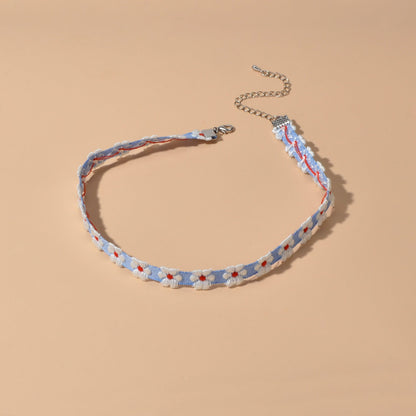 Retro Style 90s Blue Ribbon White Flower Tattoo Choker Necklace Short Collar-2