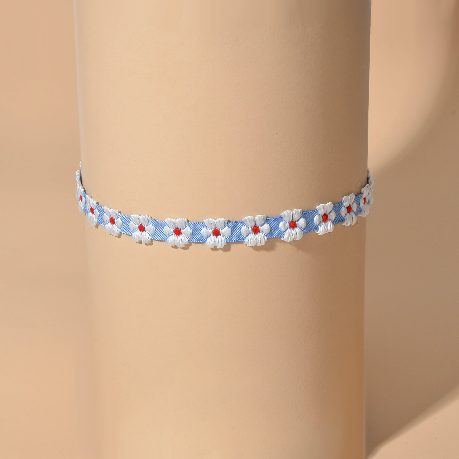 Retro Style 90s Blue Ribbon White Flower Tattoo Choker Necklace Short Collar-4