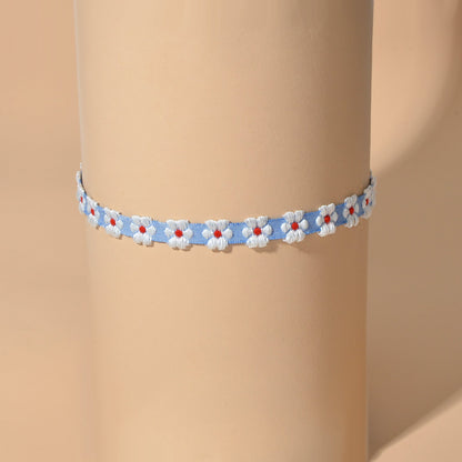 Retro Style 90s Blue Ribbon White Flower Tattoo Choker Necklace Short Collar-4
