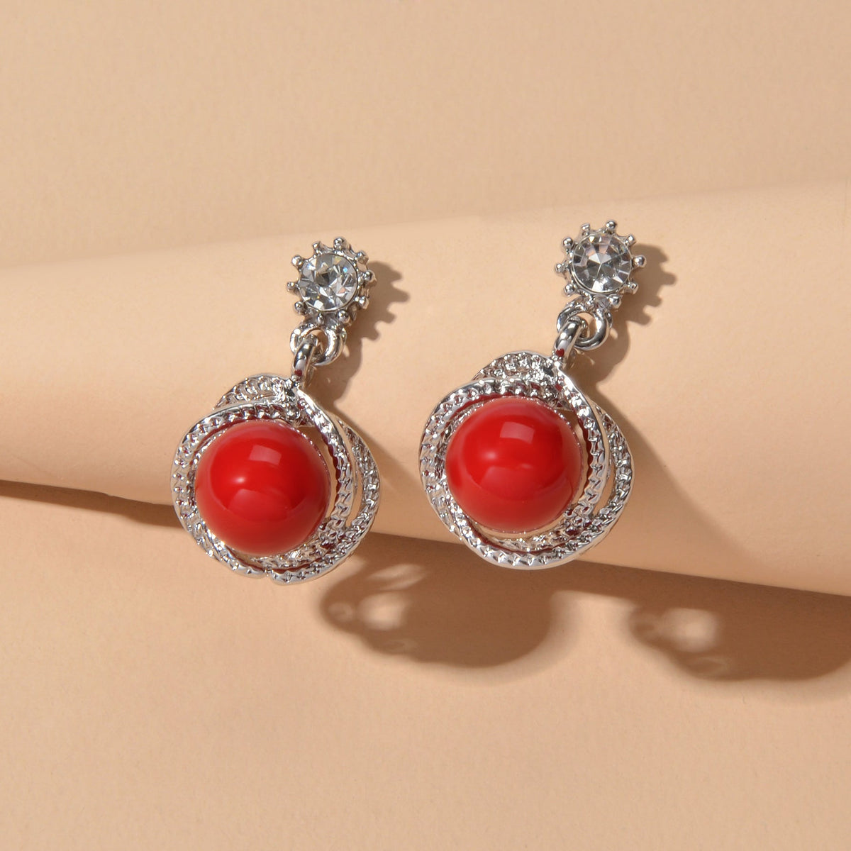 Red White Beads Rhinestone Decor Round Drop Party stud Earrings Women Retro Jewellery-1