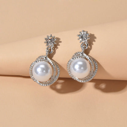 Red White Beads Rhinestone Decor Round Drop Party stud Earrings Women Retro Jewellery-4