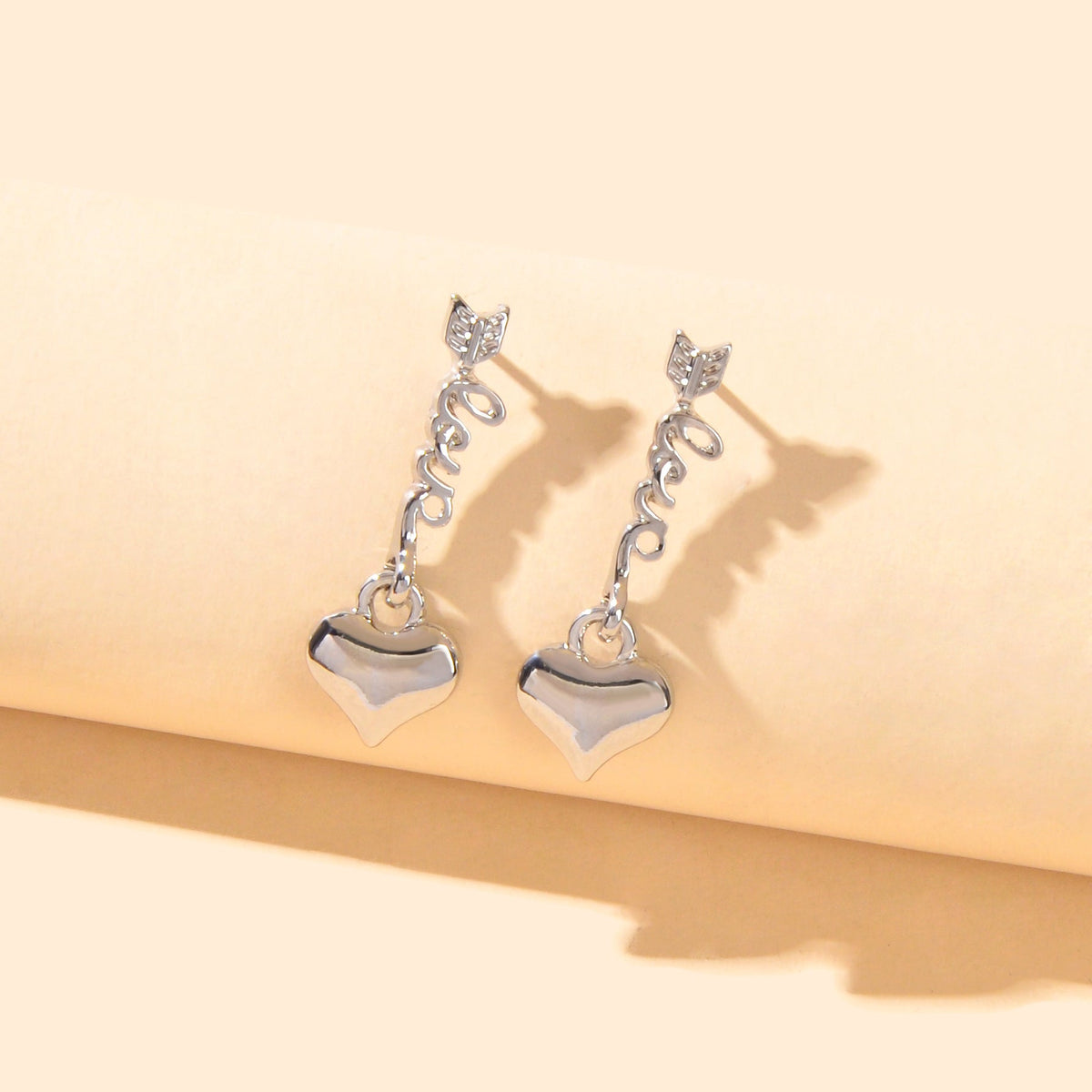 Valentine's Day Gift Jewelry Silvery Love Letter Arrow Heart Dangle Earrings-2