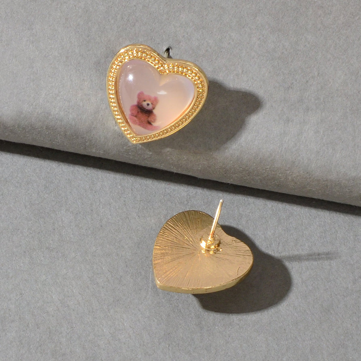 Lovely Bear Pattern Resin Heart Stud Pierced Earrings Dainty Gift for Woman Girl-3