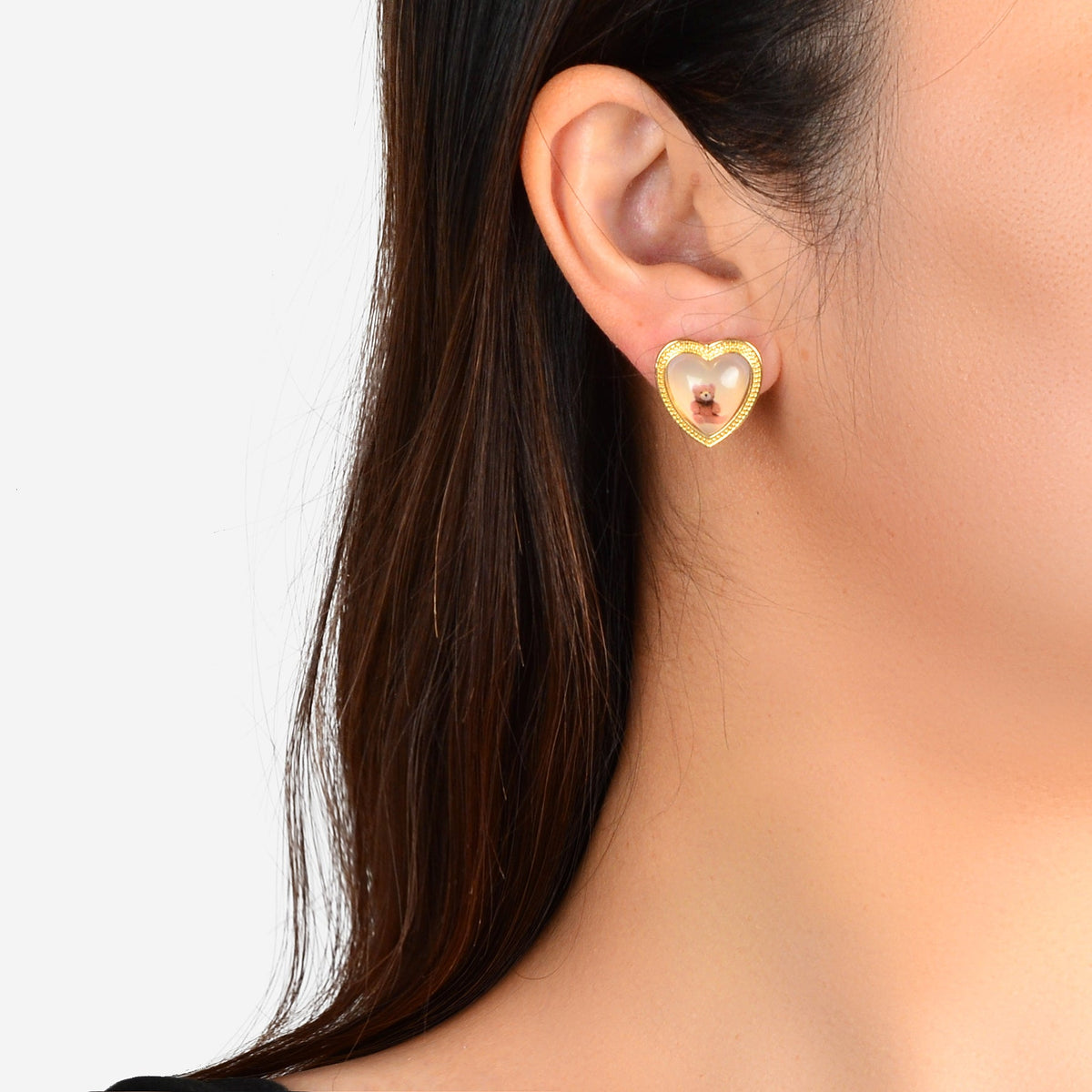 Lovely Bear Pattern Resin Heart Stud Pierced Earrings Dainty Gift for Woman Girl-0