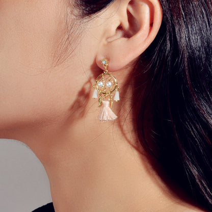 Ethnic Style Bohemian Jewellery Pearl Beads Leaf Charm Tassel Dangle Earrings-1