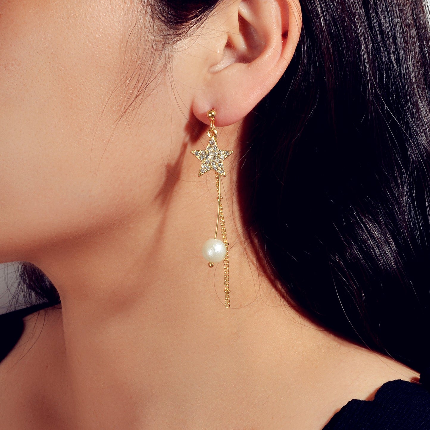 Party Decoration Women Full Rhinestone Star Long Gold Chain Pendant Earrings-0