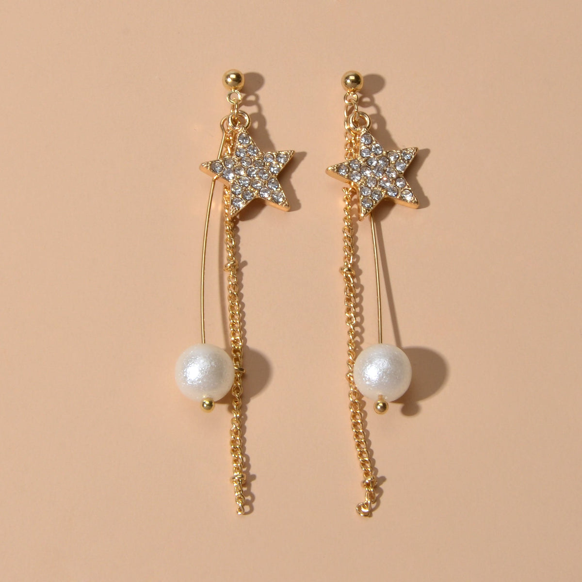 Party Decoration Women Full Rhinestone Star Long Gold Chain Pendant Earrings-1