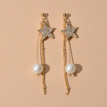 Party Decoration Women Full Rhinestone Star Long Gold Chain Pendant Earrings-1