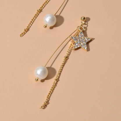 Party Decoration Women Full Rhinestone Star Long Gold Chain Pendant Earrings-2