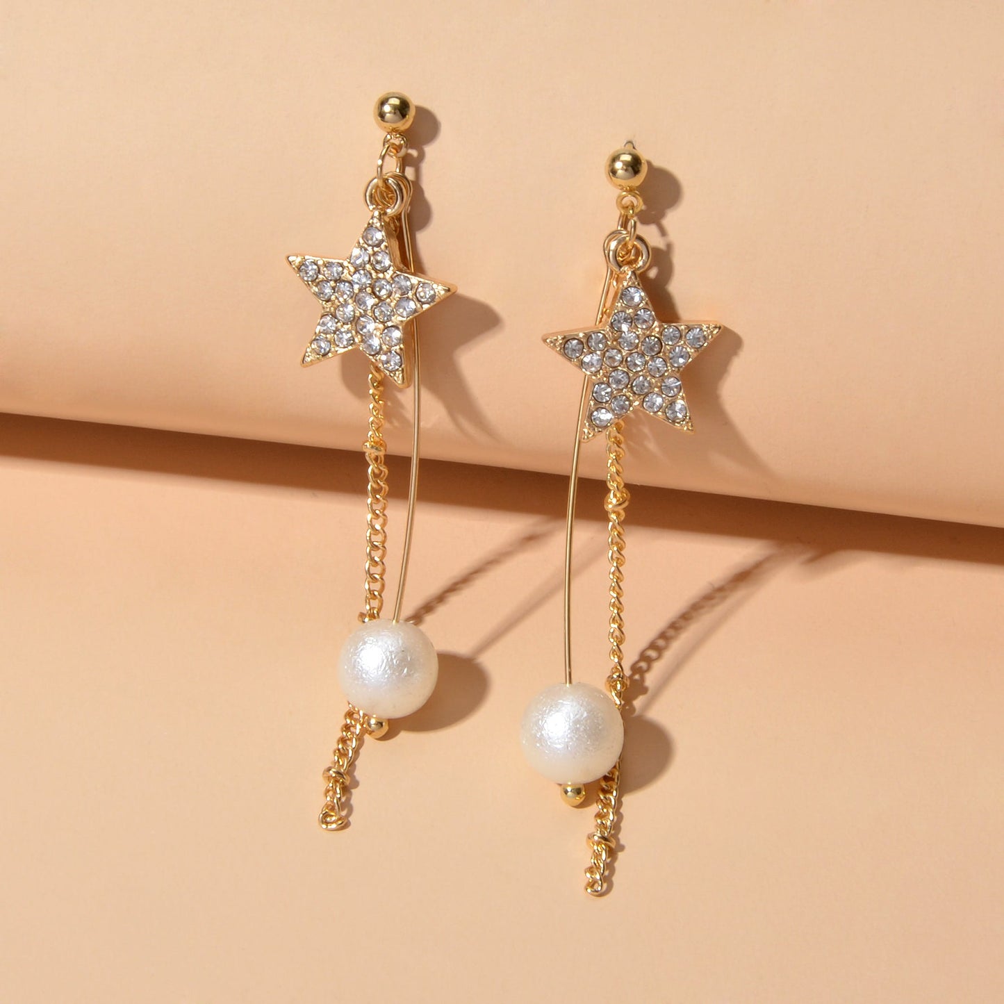 Party Decoration Women Full Rhinestone Star Long Gold Chain Pendant Earrings-3