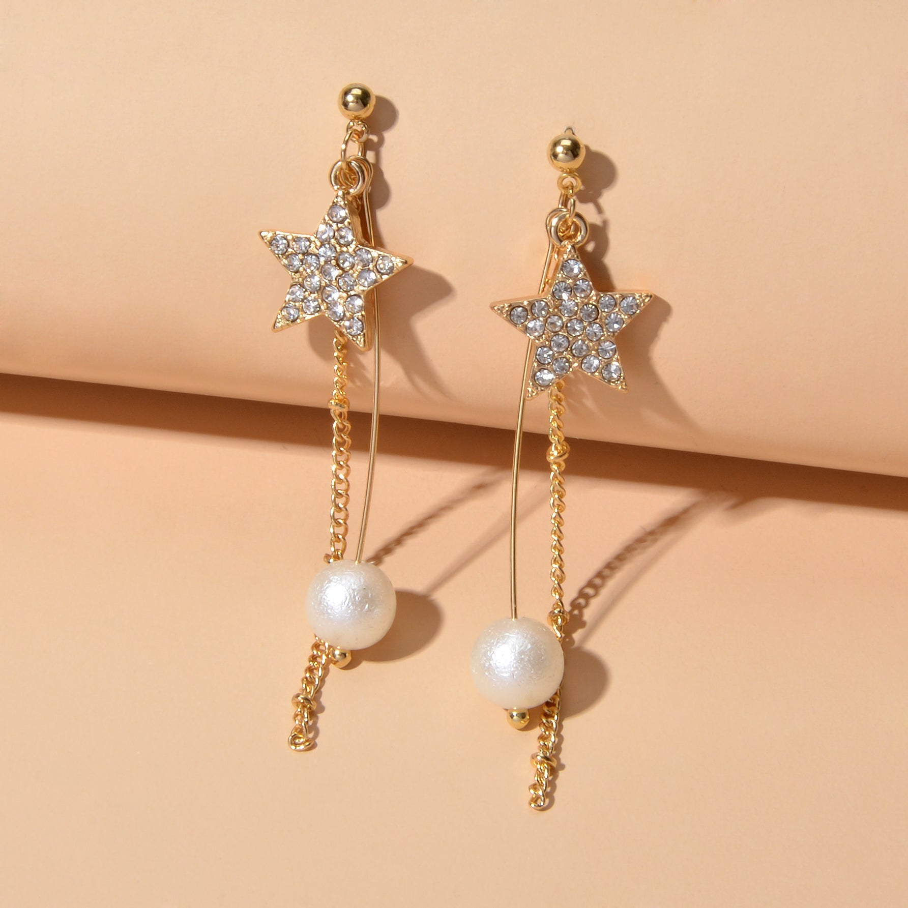 Party Decoration Women Full Rhinestone Star Long Gold Chain Pendant Earrings-3