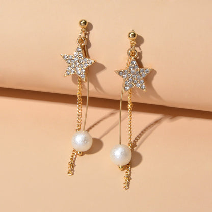 Party Decoration Women Full Rhinestone Star Long Gold Chain Pendant Earrings-3