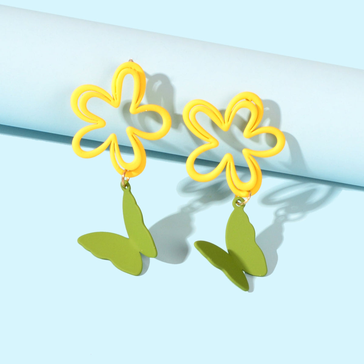 Yellow Flower Green Butterfly Pierced Hypoallergenic Stud Earring Lovely Jewelry-1