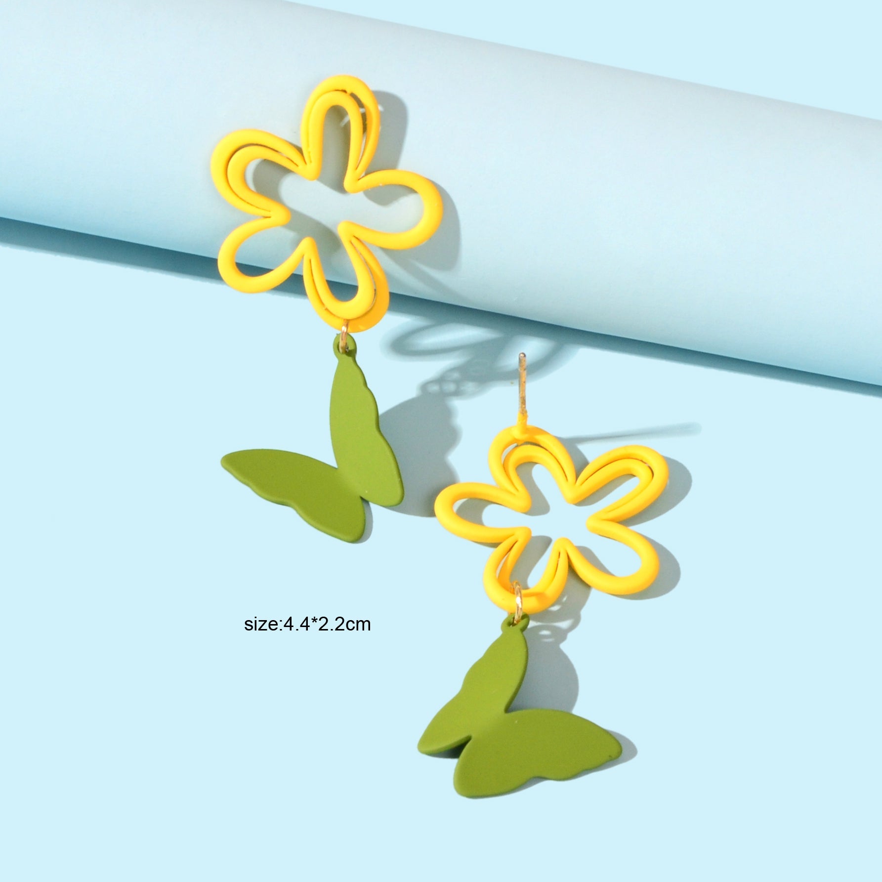 Yellow Flower Green Butterfly Pierced Hypoallergenic Stud Earring Lovely Jewelry-3