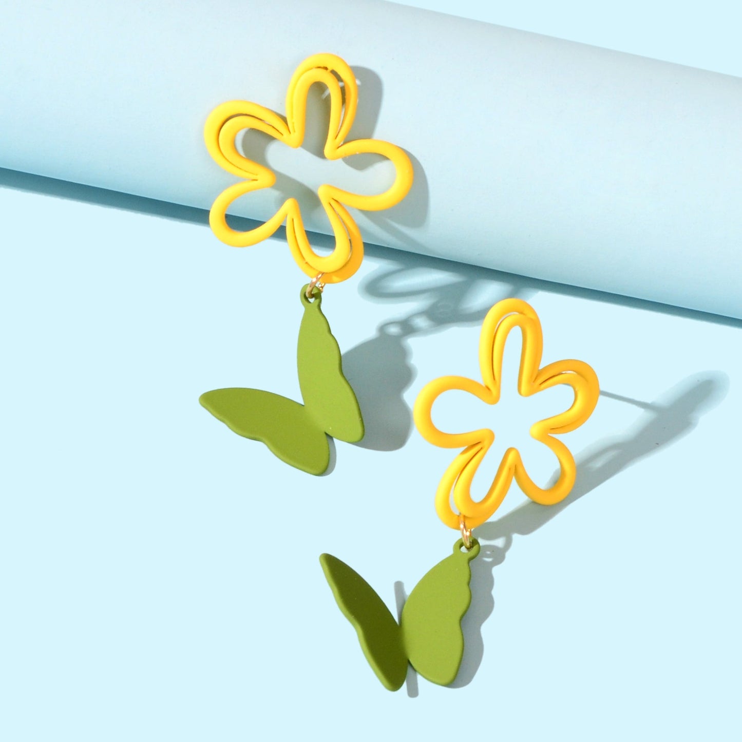 Yellow Flower Green Butterfly Pierced Hypoallergenic Stud Earring Lovely Jewelry-4